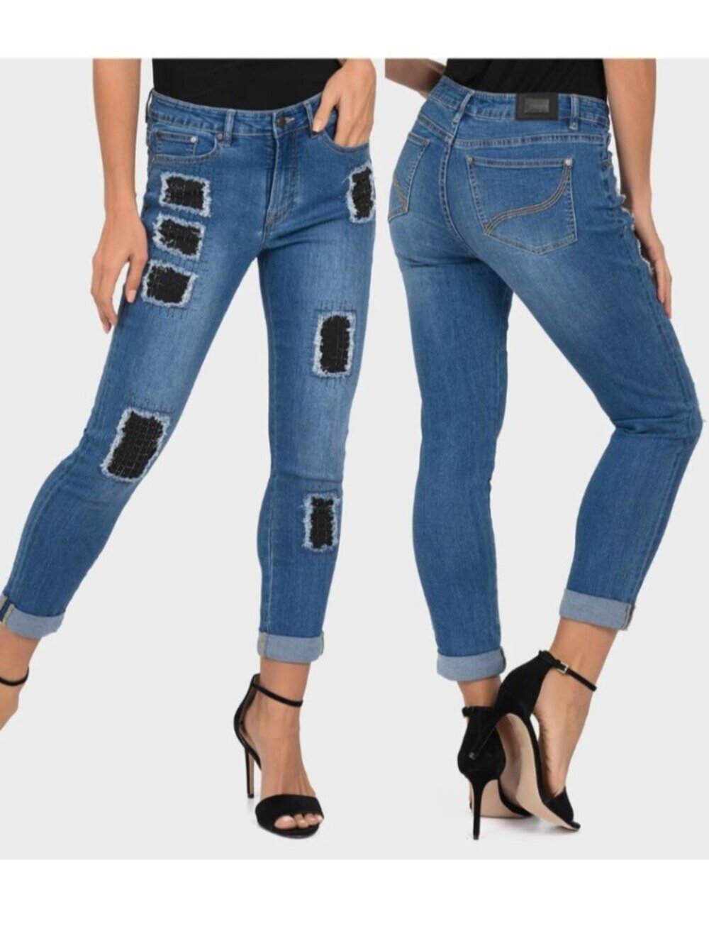 Joseph Ribkoff Rhinestone Patchwork High Rise Skinny Jeans